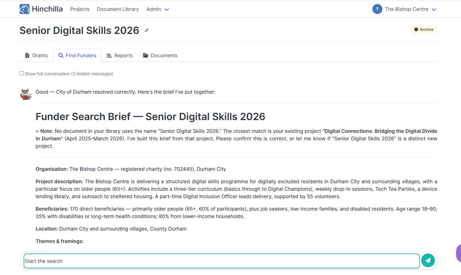 A funder search brief ready to refine