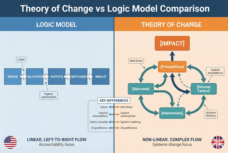 Side-by-side comparison showing the difference between Theory of Change and Logic Model frameworks