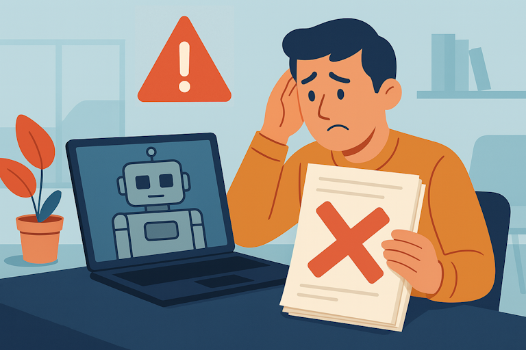 Flat-style illustration of a worried man at his desk clutching a grant application marked with a large red “X.” Beside him, an open laptop shows a grey, expressionless robot icon on its screen, and a red warning triangle hovers in the background—conveying that the AI’s help led to a rejected application