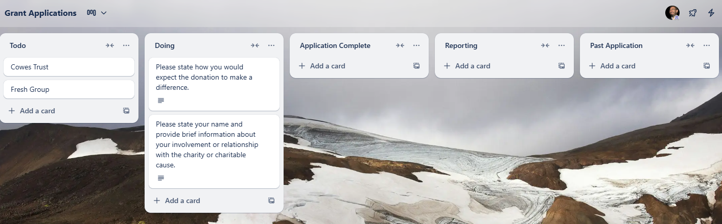 Grant questions displayed in Trello