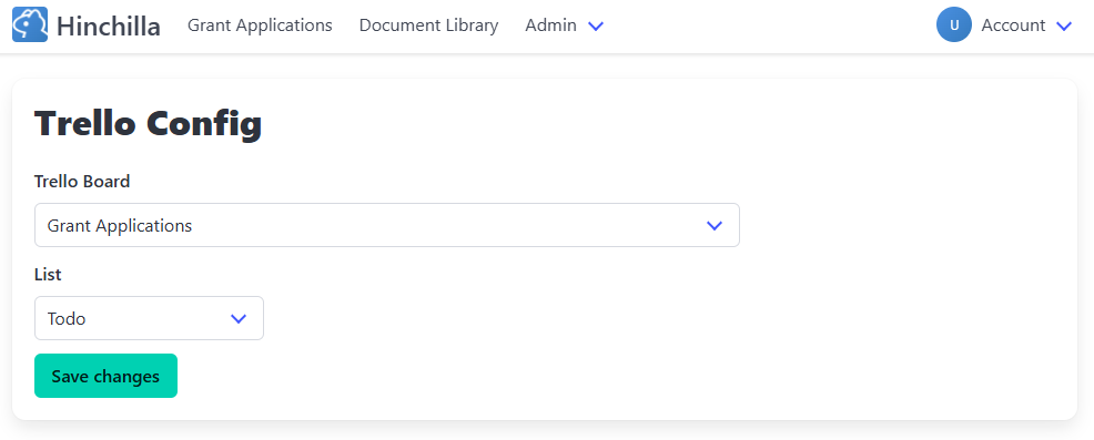 Trello integration configuration screen